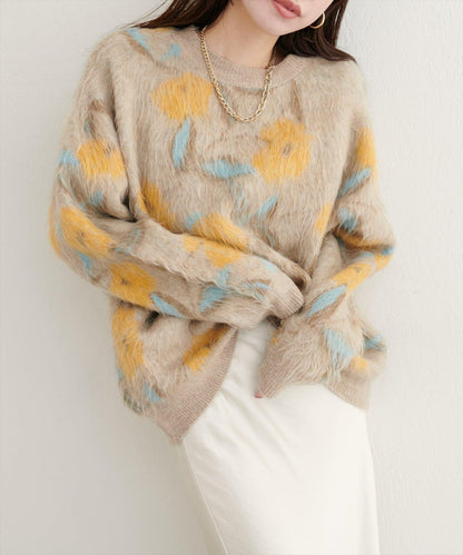 花卉圖案提花長絨針織套頭衫