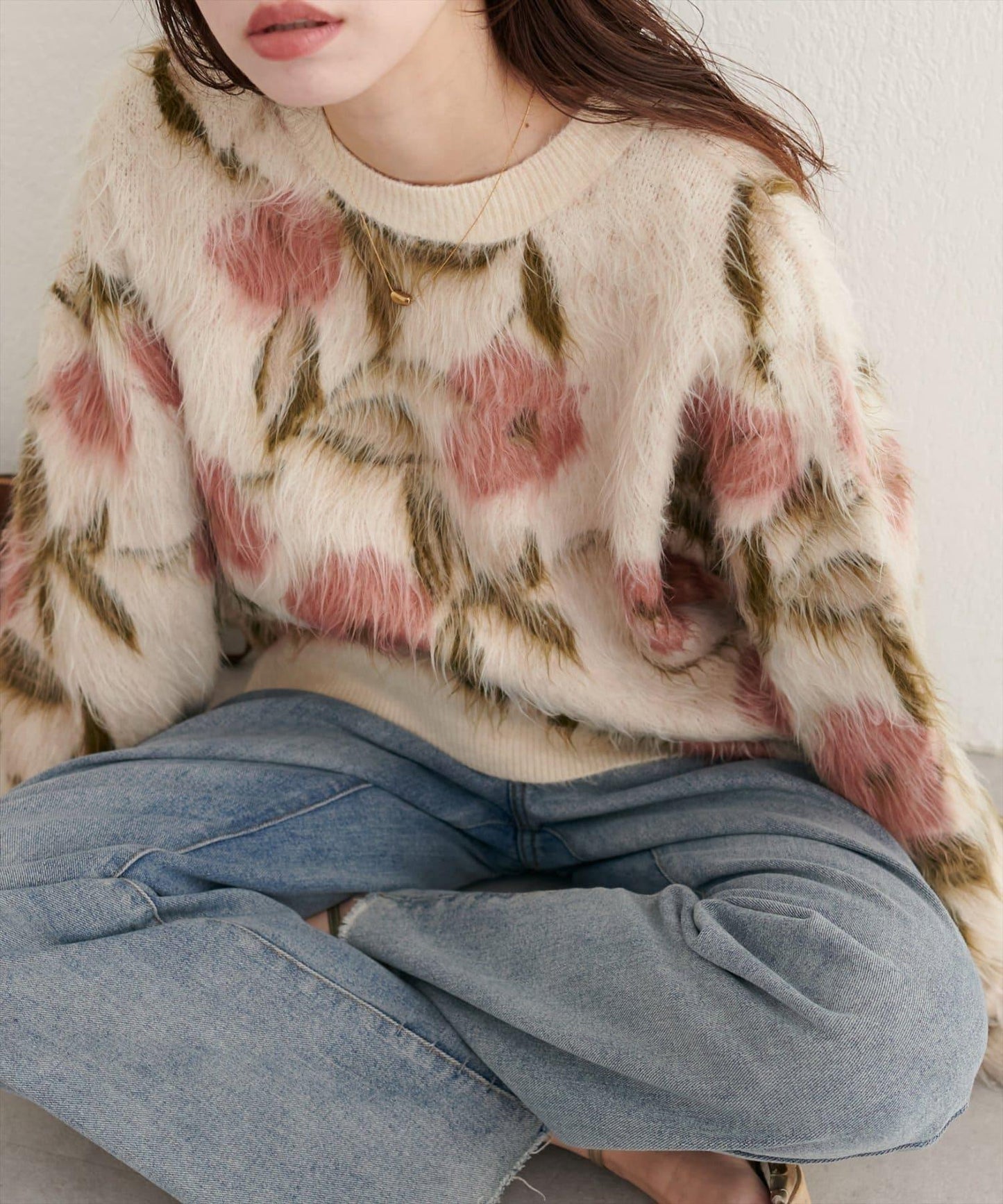 花卉圖案提花長絨針織套頭衫