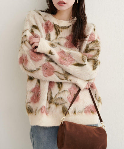 花卉圖案提花長絨針織套頭衫