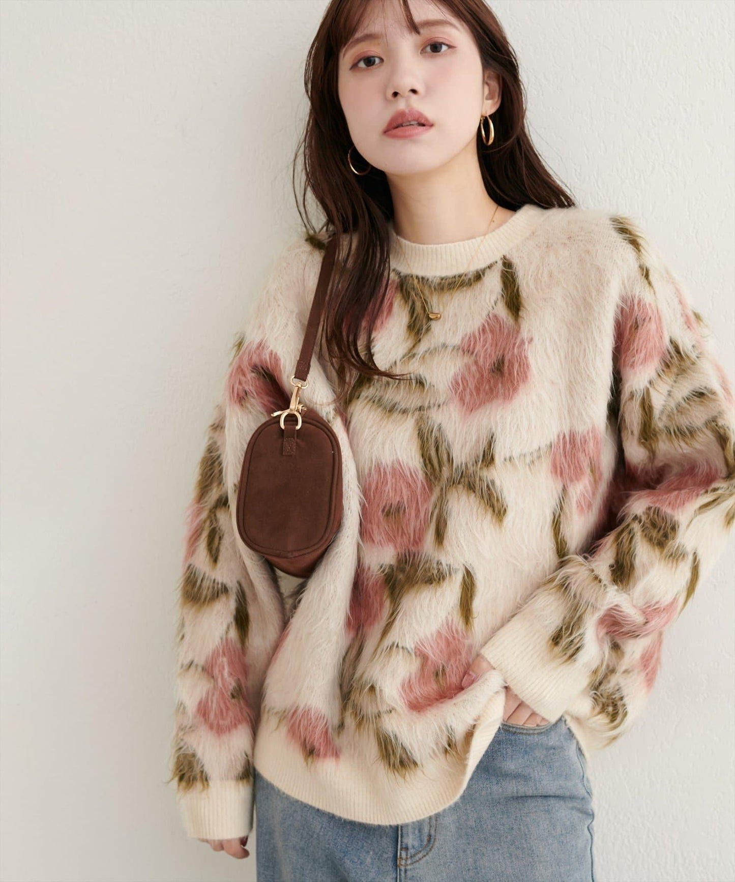 花卉圖案提花長絨針織套頭衫