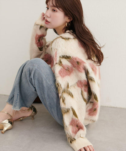 花卉圖案提花長絨針織套頭衫