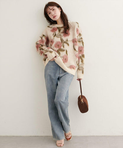 花卉圖案提花長絨針織套頭衫