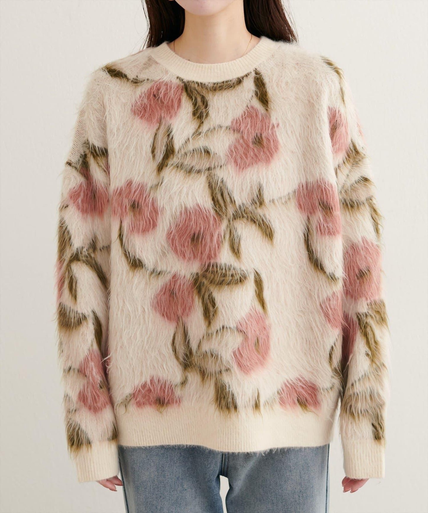 花卉圖案提花長絨針織套頭衫