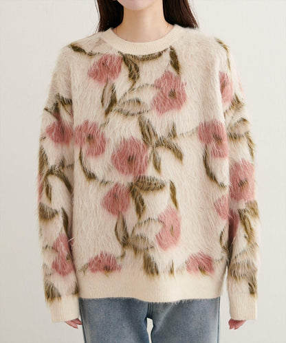 花卉圖案提花長絨針織套頭衫