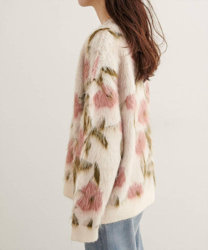 花卉圖案提花長絨針織套頭衫