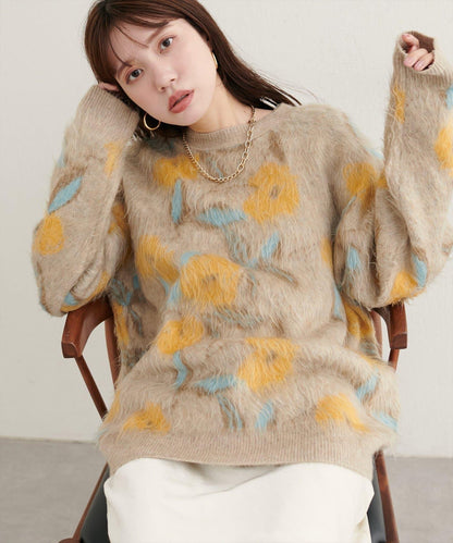 花卉圖案提花長絨針織套頭衫