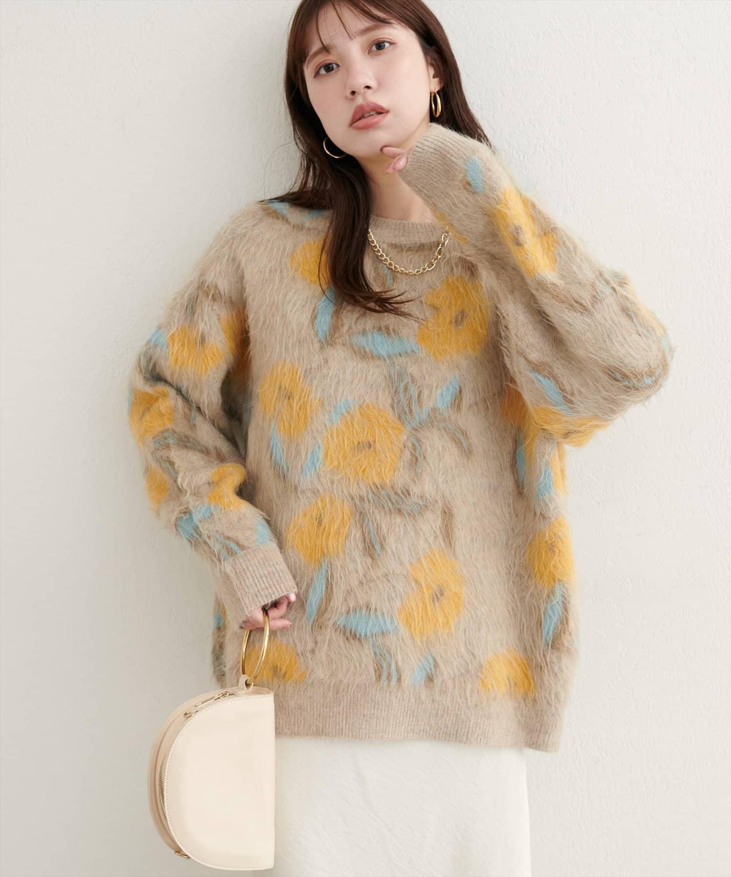 花卉圖案提花長絨針織套頭衫