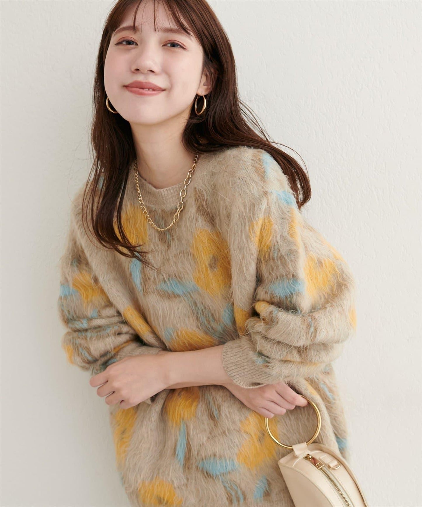 花卉圖案提花長絨針織套頭衫