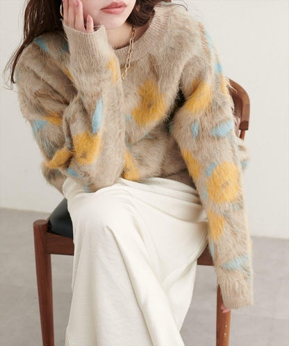 花卉圖案提花長絨針織套頭衫