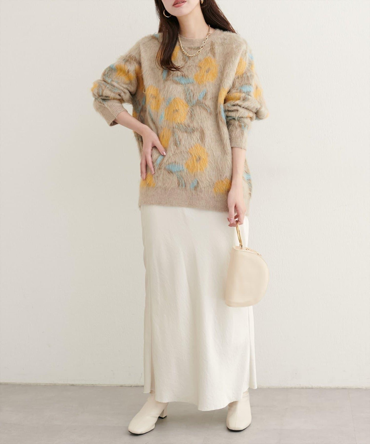 花卉圖案提花長絨針織套頭衫