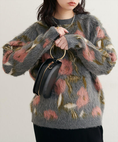 花卉圖案提花長絨針織套頭衫