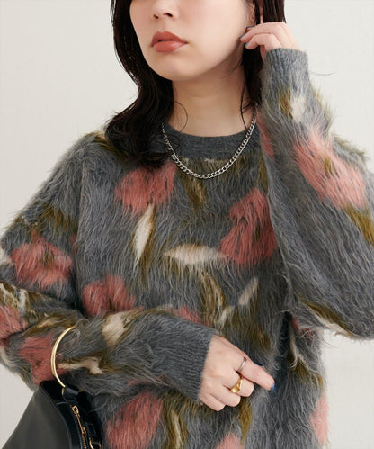 花卉圖案提花長絨針織套頭衫