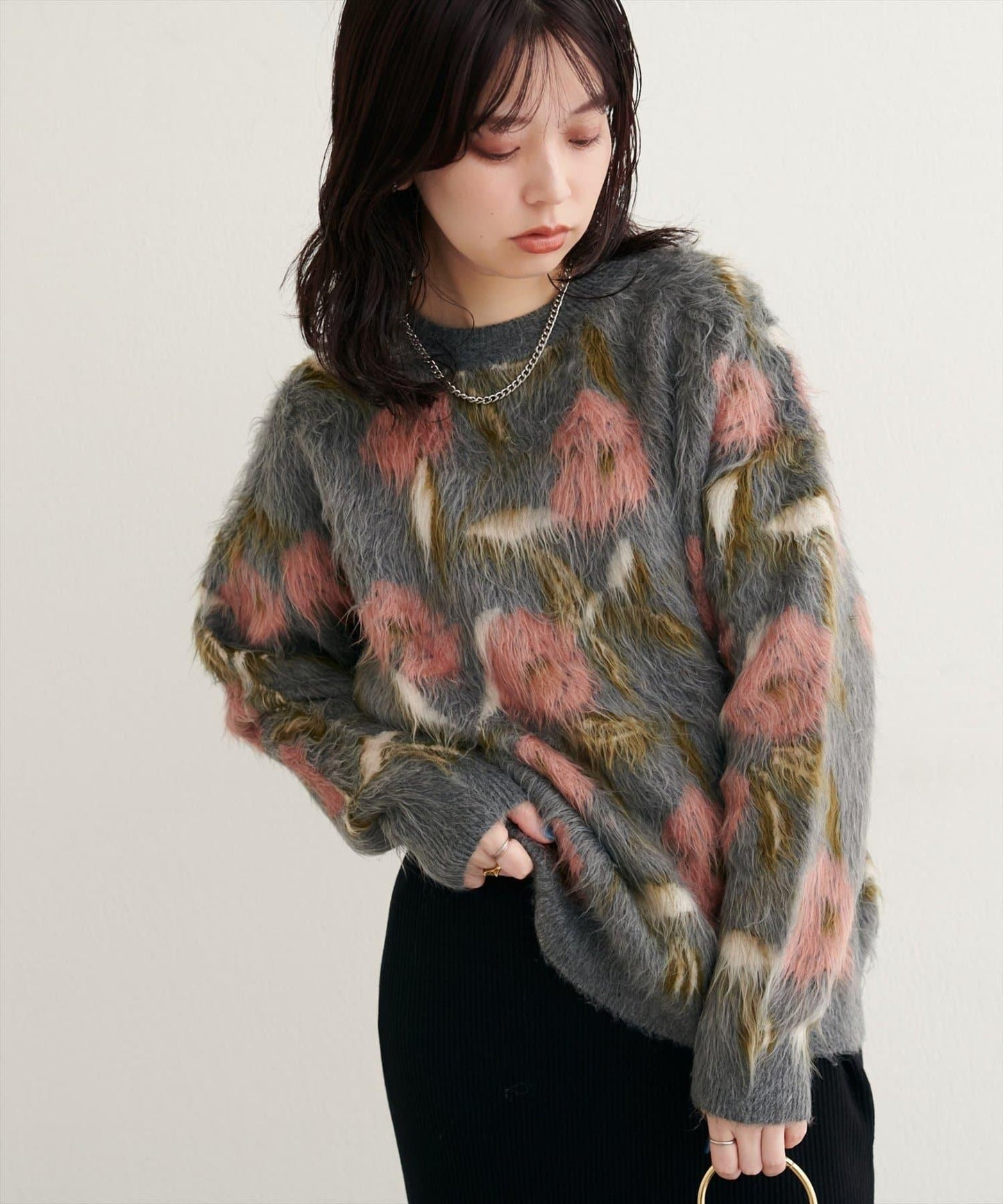 花卉圖案提花長絨針織套頭衫