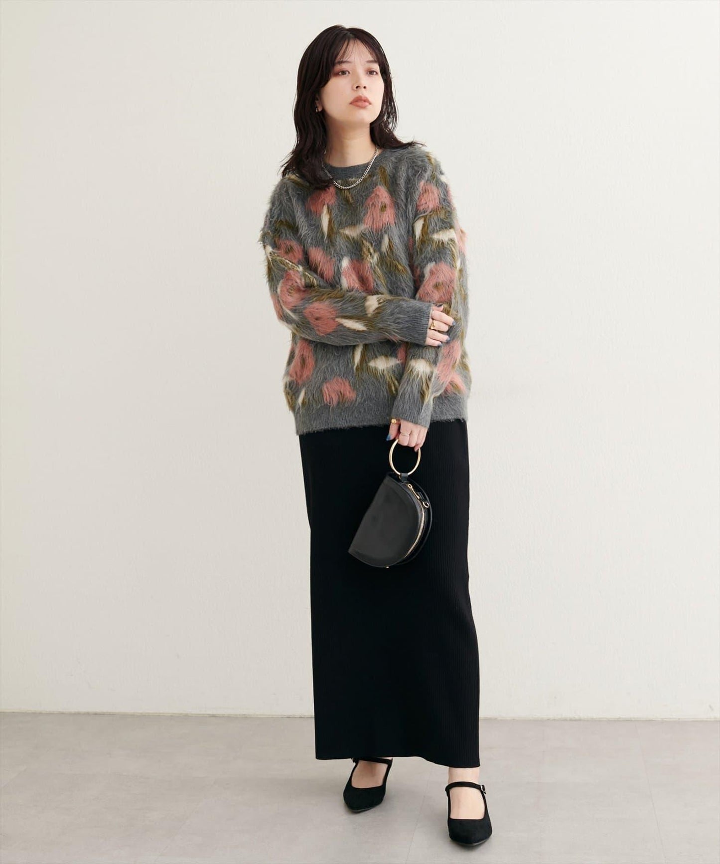 花卉圖案提花長絨針織套頭衫