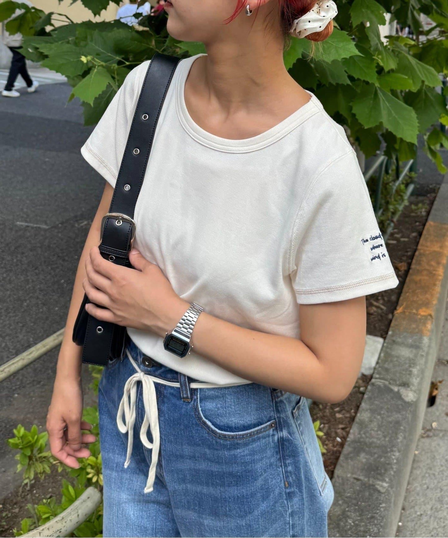 單點刺繡羅紋修身短袖T恤