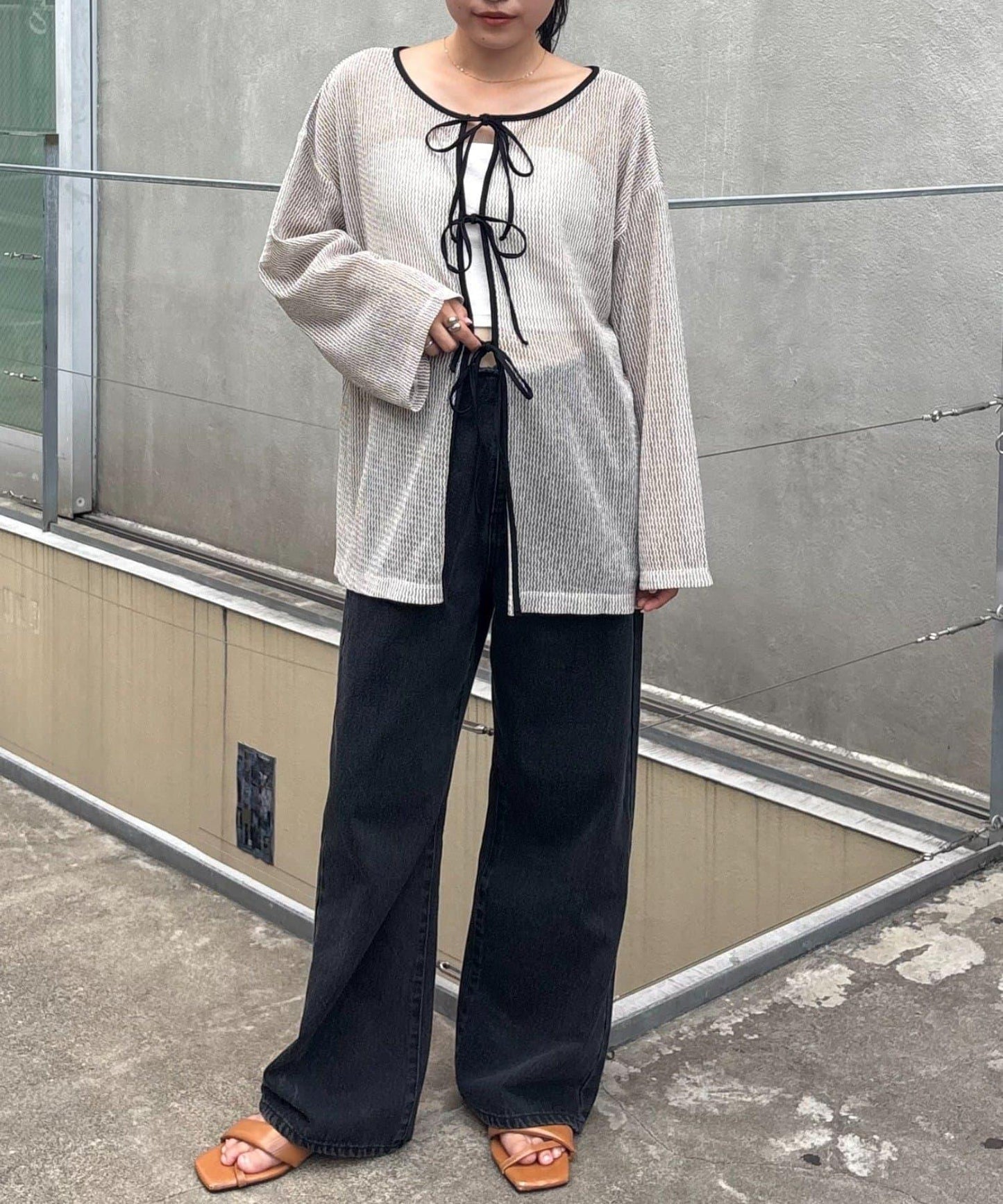 前後兩穿混色透視條紋蝴蝶結開衫