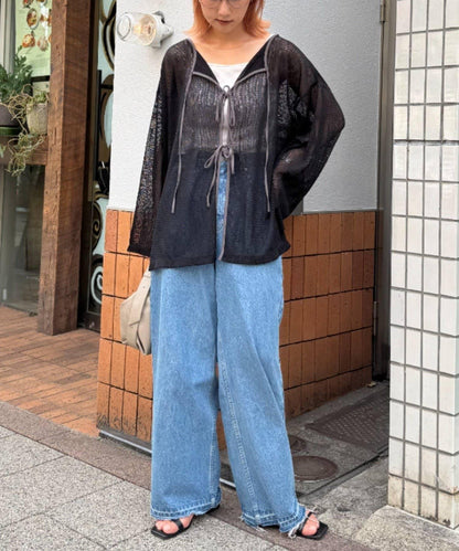 前後兩穿混色透視條紋蝴蝶結開衫