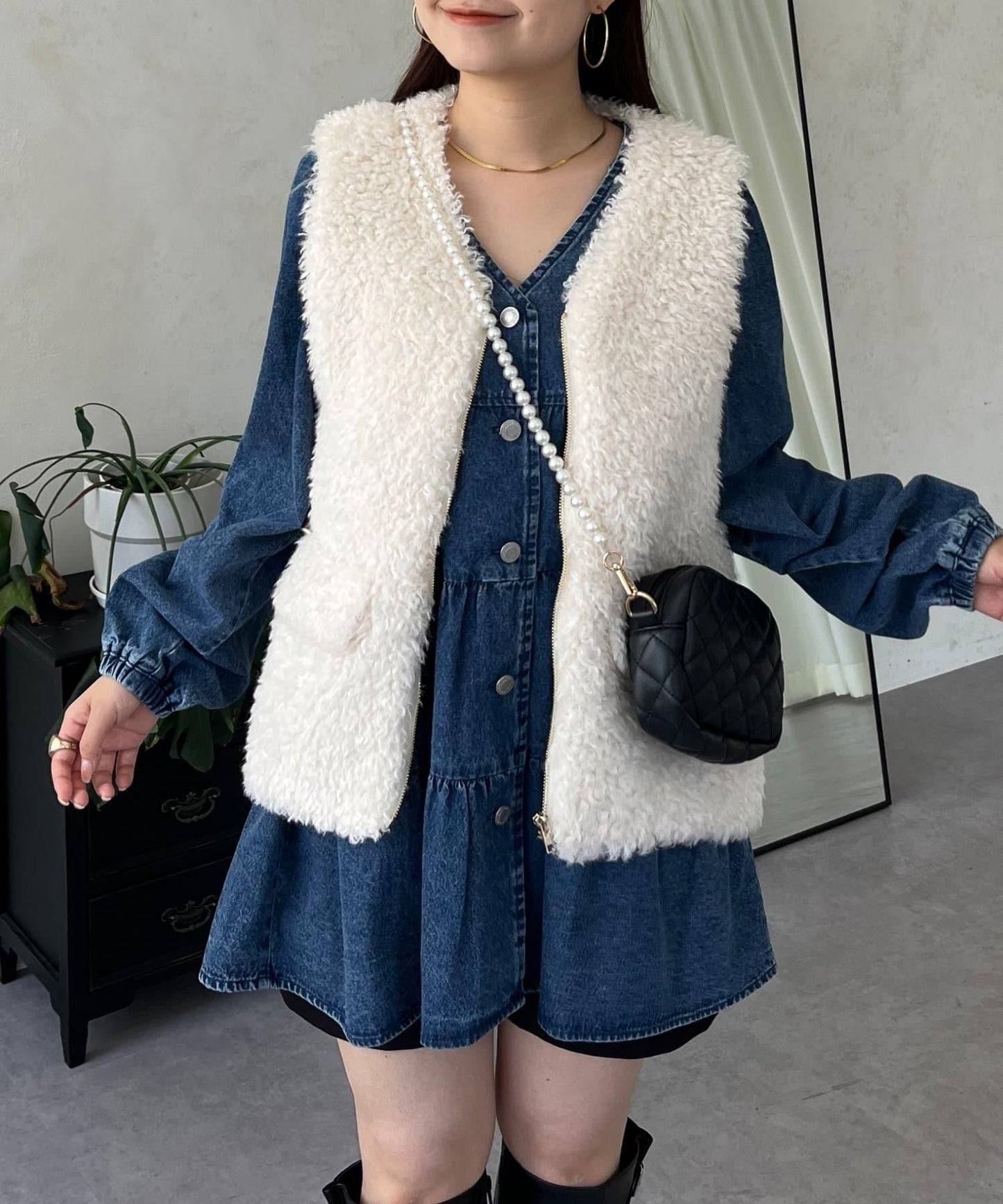 V領牛仔拼接層疊女襯衫