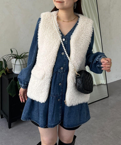 V領牛仔拼接層疊女襯衫