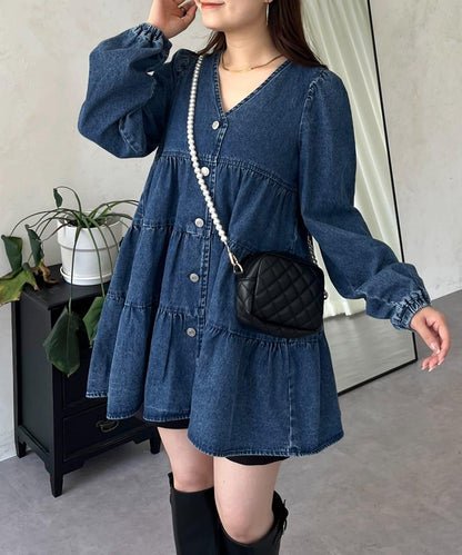 V領牛仔拼接層疊女襯衫