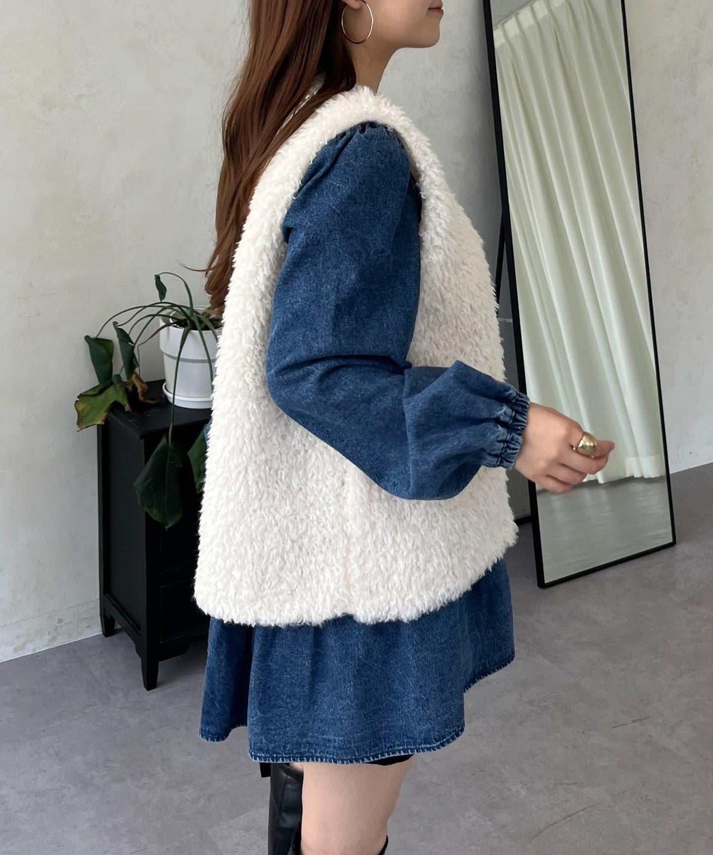 V領牛仔拼接層疊女襯衫