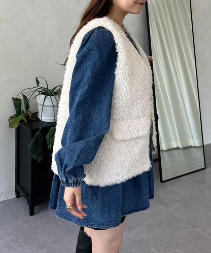 V領牛仔拼接層疊女襯衫