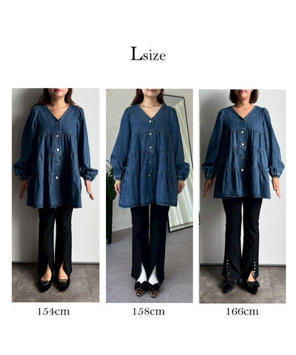 V領牛仔拼接層疊女襯衫