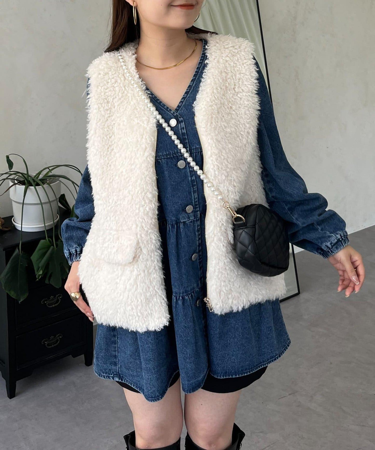 V領牛仔拼接層疊女襯衫