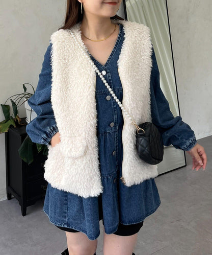 V領牛仔拼接層疊女襯衫