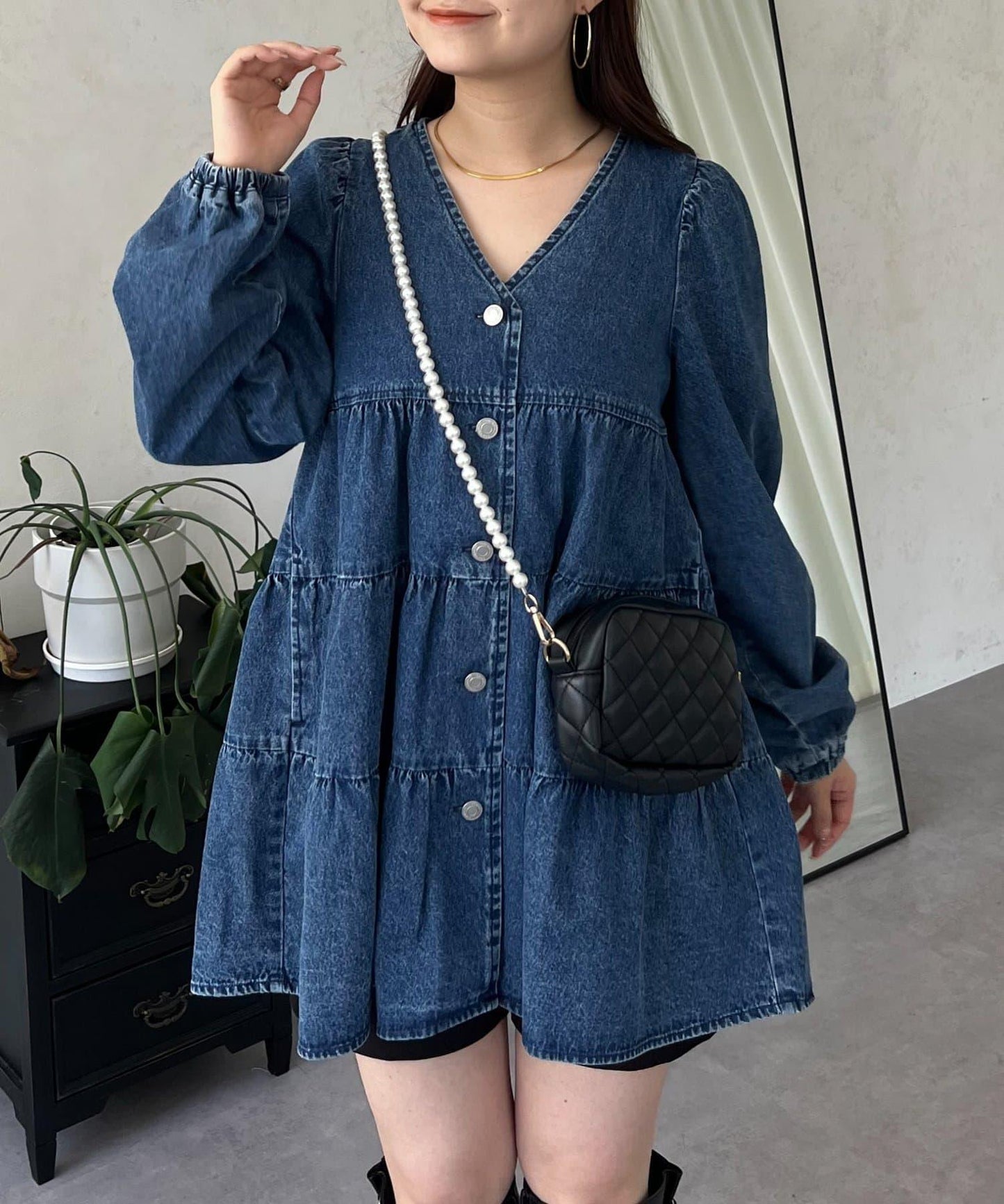 V領牛仔拼接層疊女襯衫