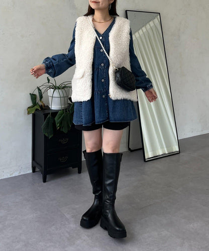 V領牛仔拼接層疊女襯衫
