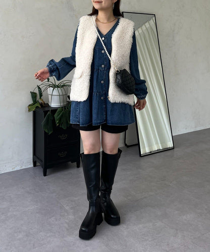 V領牛仔拼接層疊女襯衫