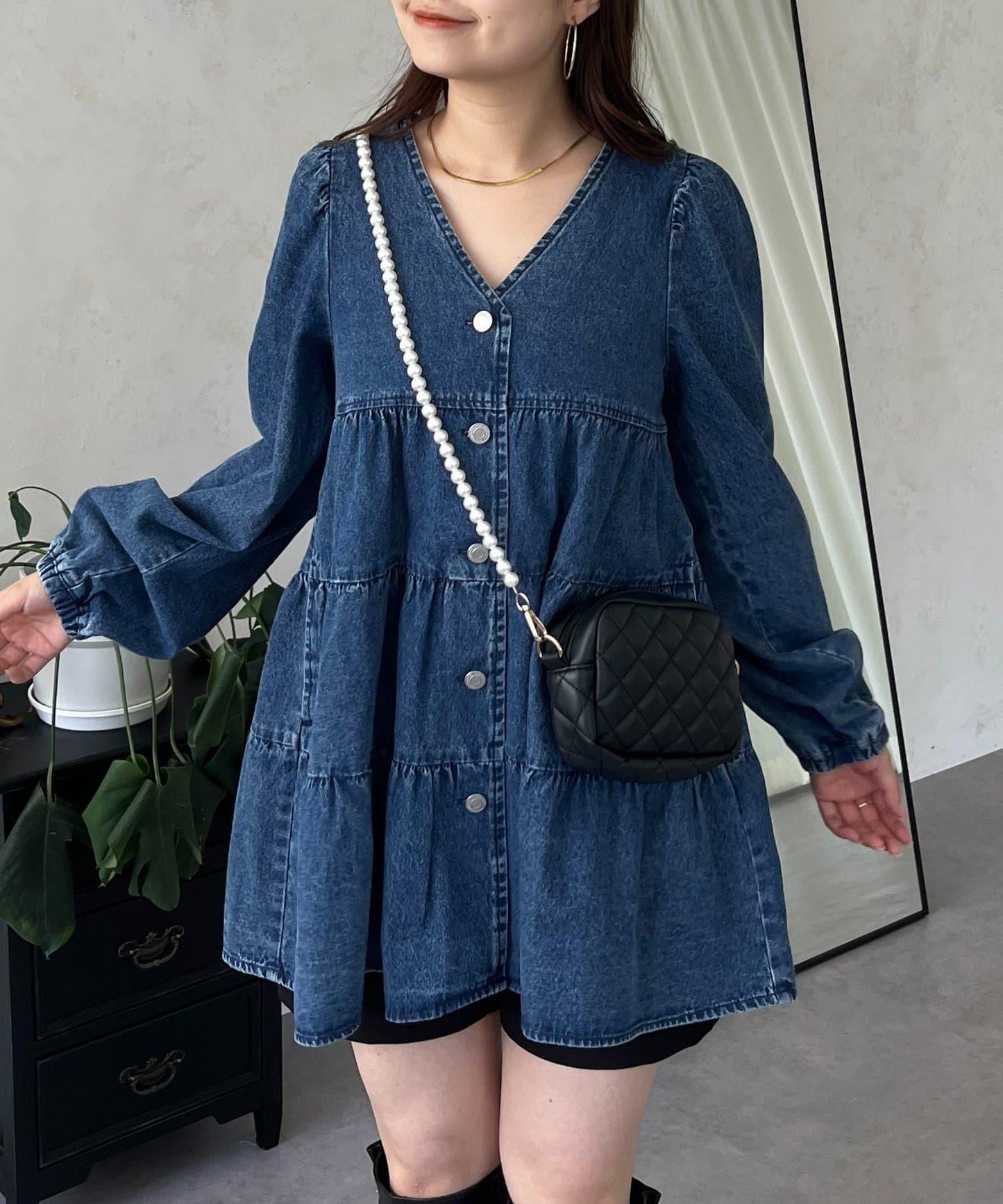 V領牛仔拼接層疊女襯衫
