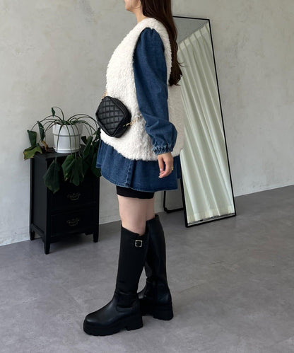 V領牛仔拼接層疊女襯衫