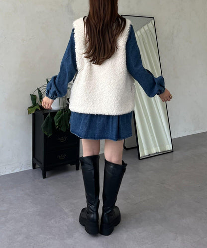 V領牛仔拼接層疊女襯衫