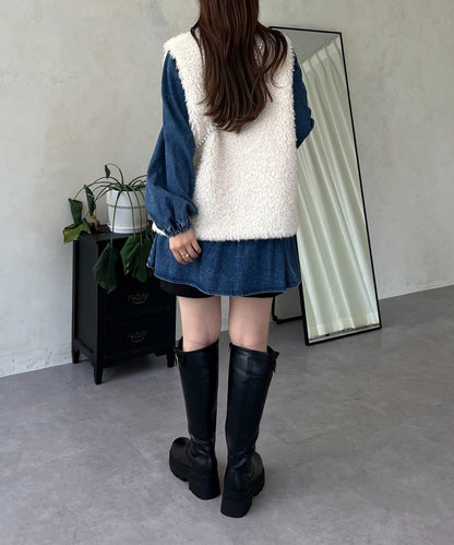 V領牛仔拼接層疊女襯衫