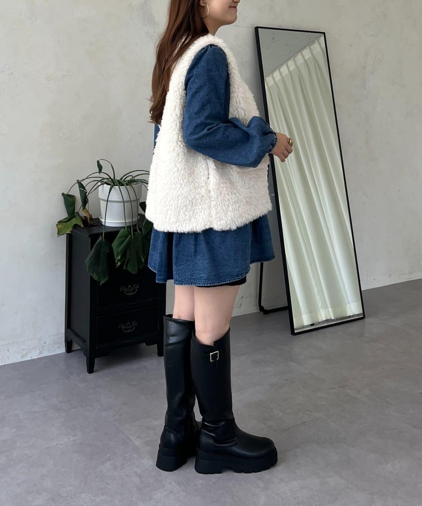 V領牛仔拼接層疊女襯衫