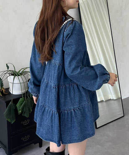 V領牛仔拼接層疊女襯衫