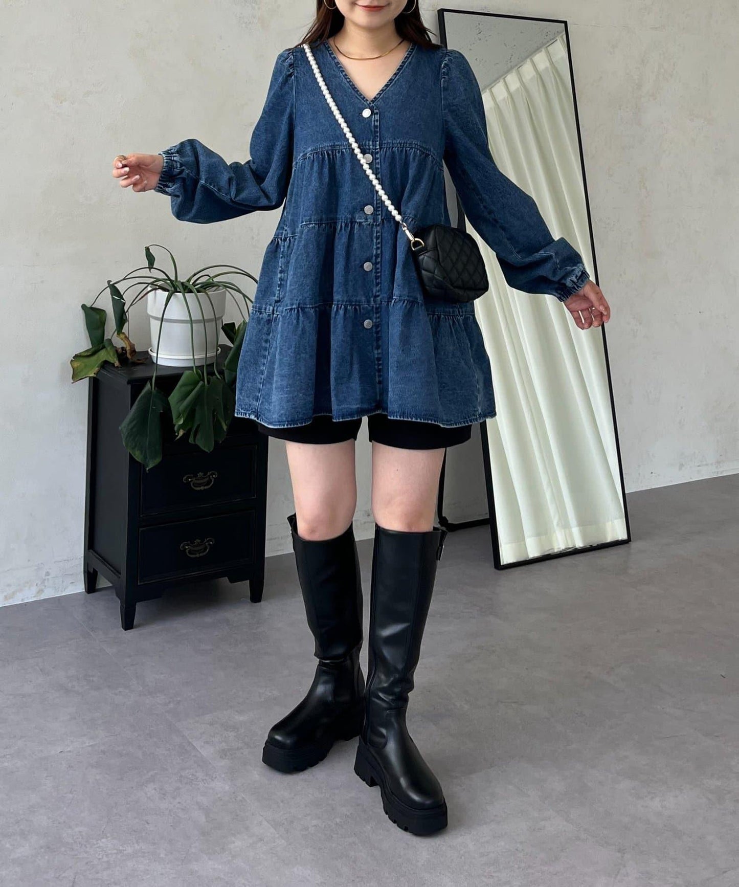 V領牛仔拼接層疊女襯衫
