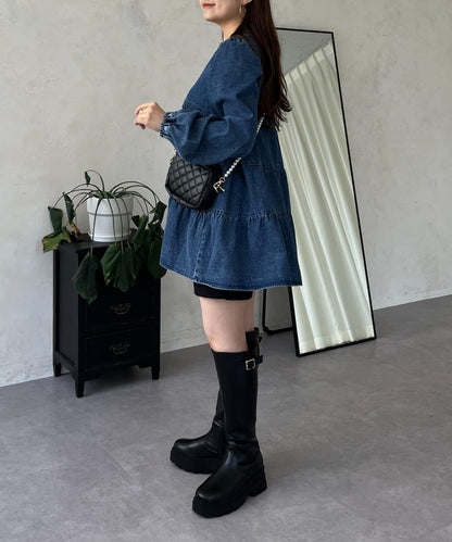 V領牛仔拼接層疊女襯衫