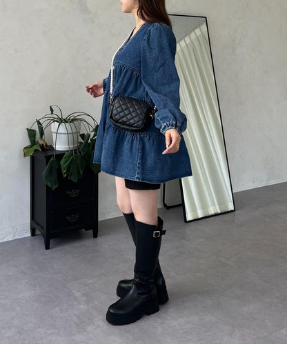 V領牛仔拼接層疊女襯衫