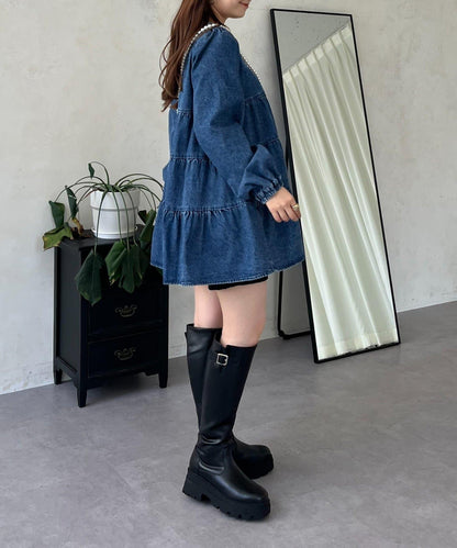 V領牛仔拼接層疊女襯衫