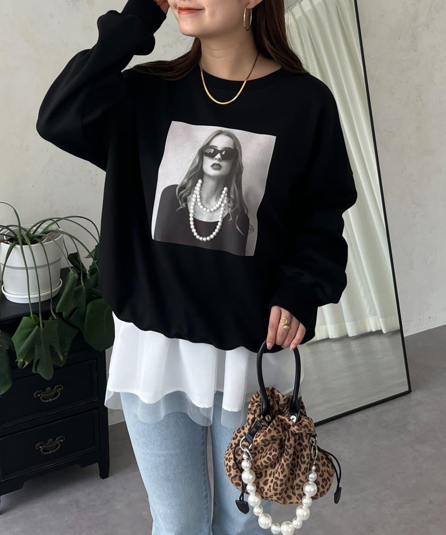 珍珠項鍊照片印花衛衣