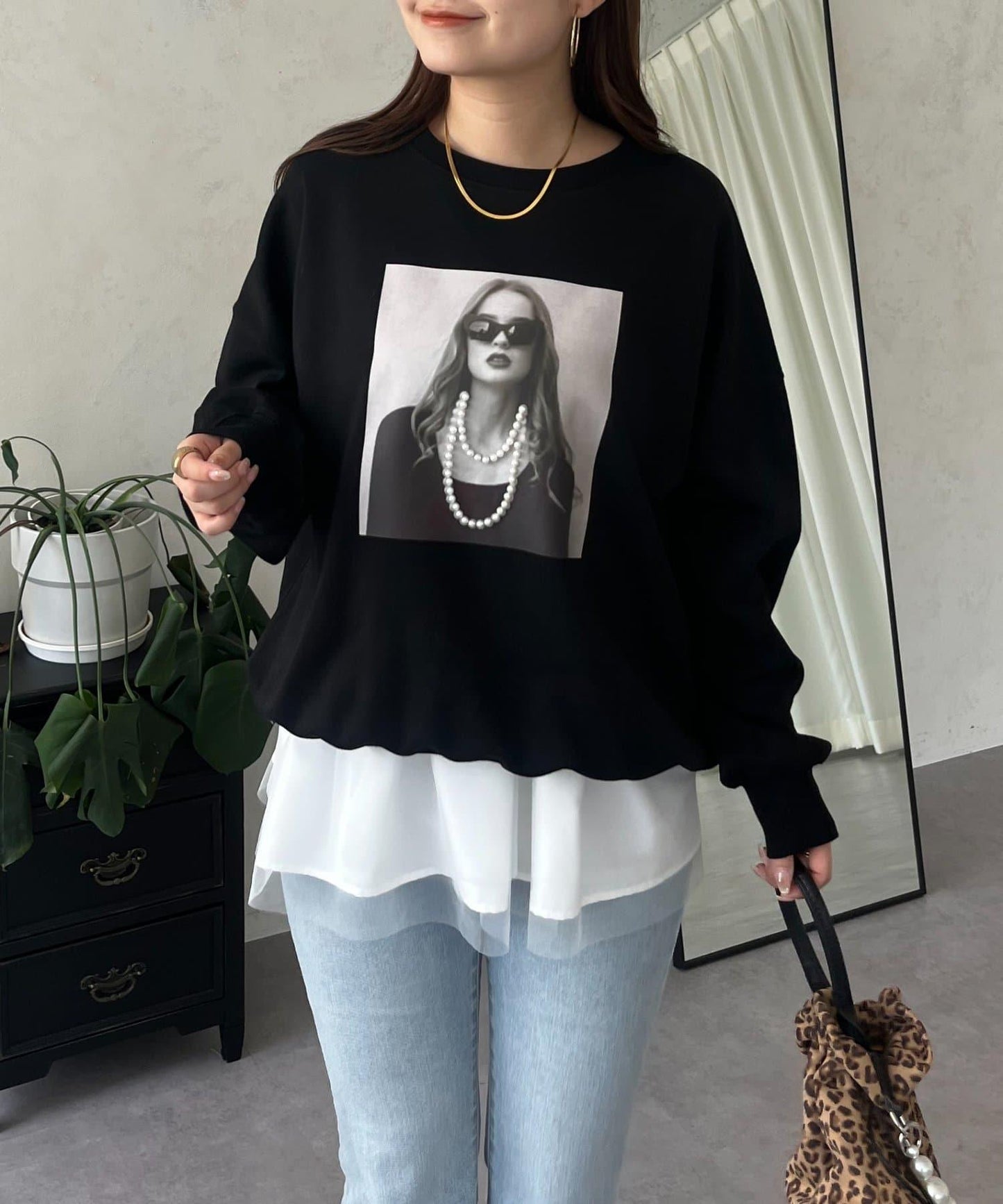 珍珠項鍊照片印花衛衣