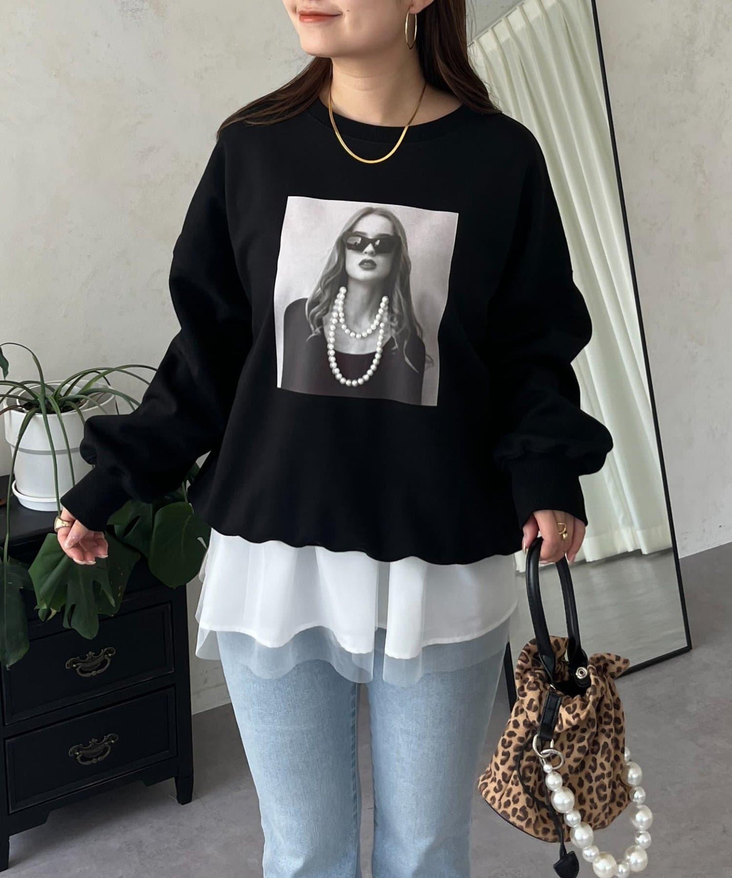 珍珠項鍊照片印花衛衣