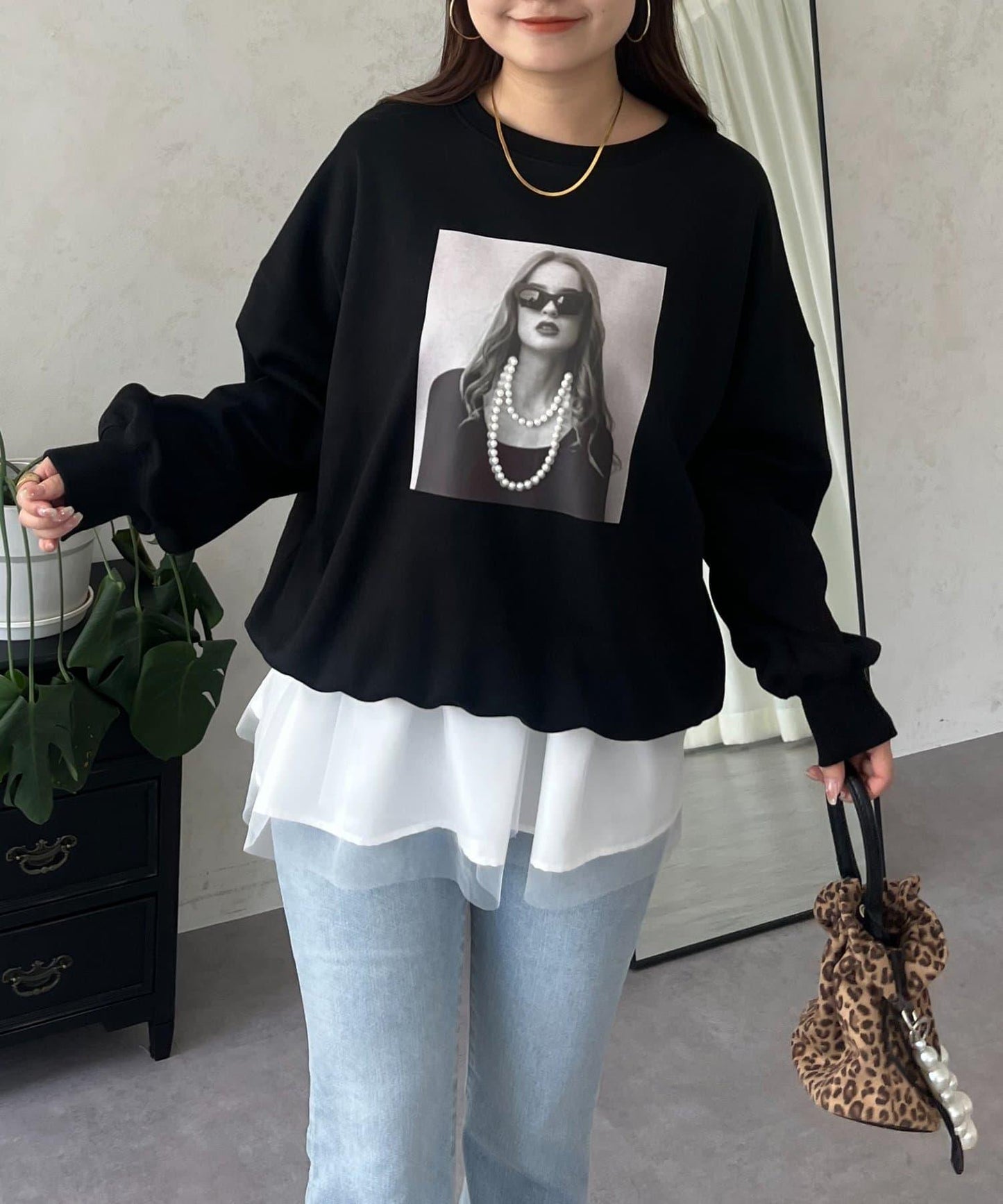 珍珠項鍊照片印花衛衣