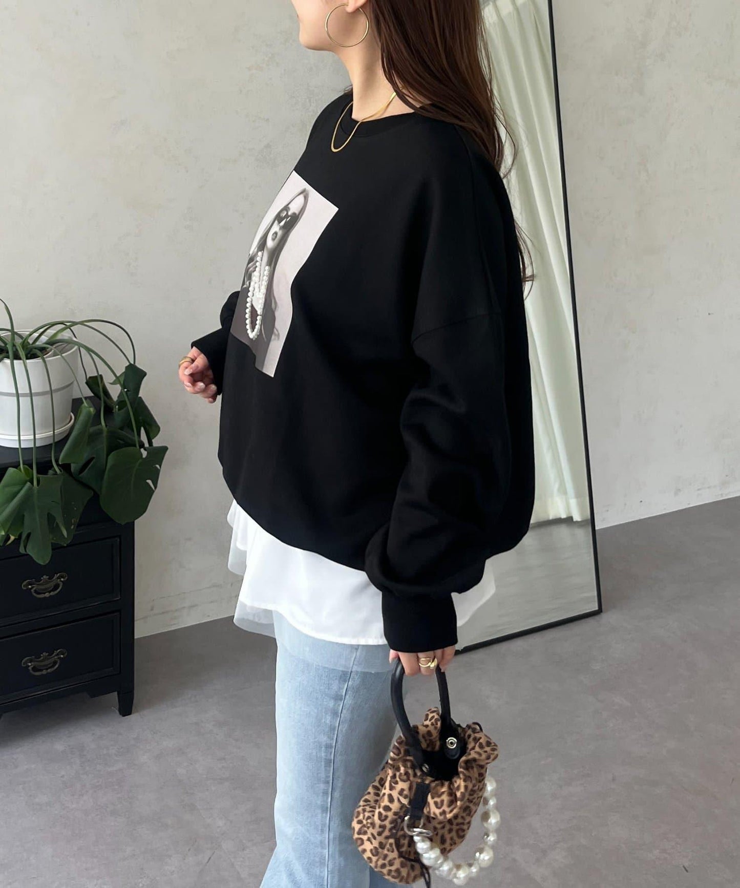 珍珠項鍊照片印花衛衣