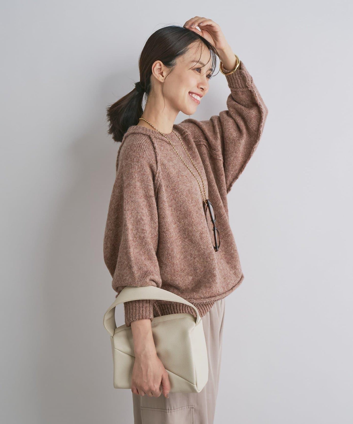 拉鍊亮絲紗線插肩袖針織衫