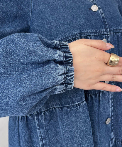 V領牛仔拼接層疊女襯衫