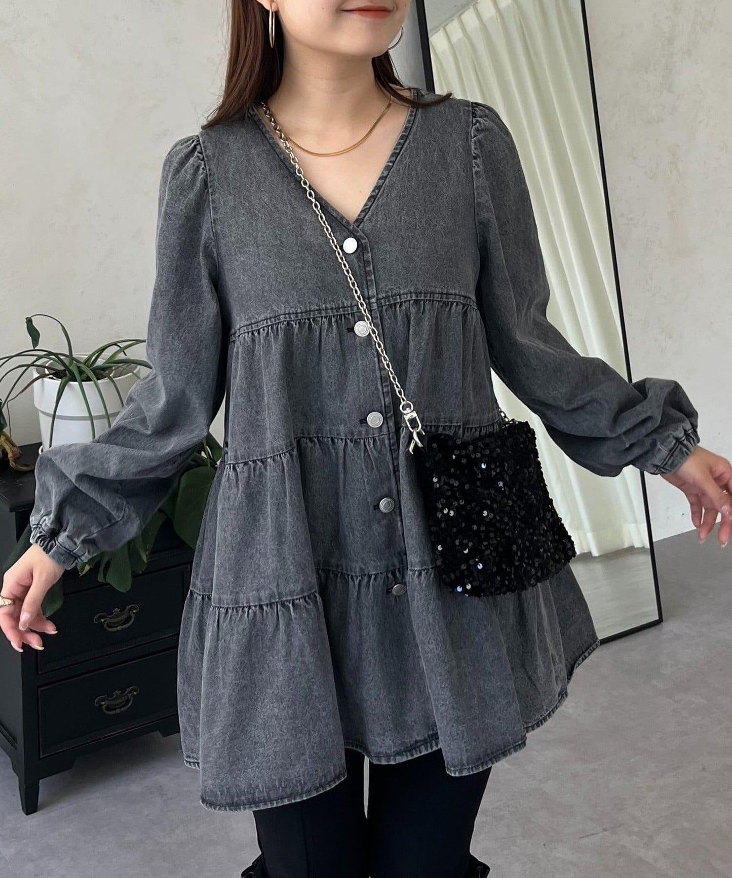 V領牛仔拼接層疊女襯衫